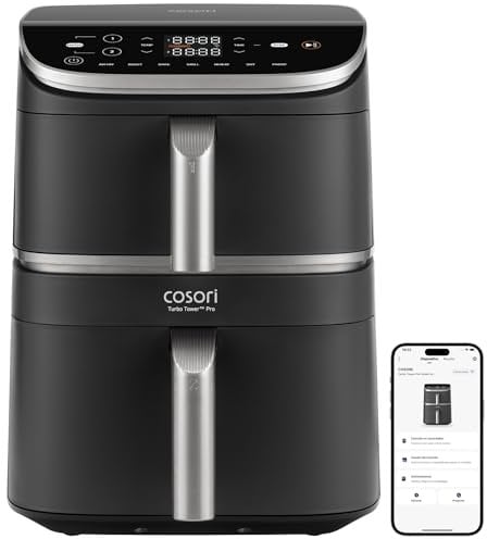 COSORI Turbo Tower Pro Smart Friggitrice ad Aria 10,8L con Rivestimento Ceramico, Doppio Riscaldamento, Cottura a 3 Livelli, 2630W, 7 Funzioni, 2 Motori DC, 50+ Ricette Complete Online, CAF-DC113S