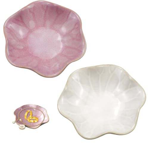 KiKiHong 2 Pezzi Vassoio Decorativo,Svuotatasche Ceramica,Pallet di Gioielli in Ceramica per Chiavi,Collane,Monete e Conservazione Anelli Della Frutta(Rosa + Bianco)