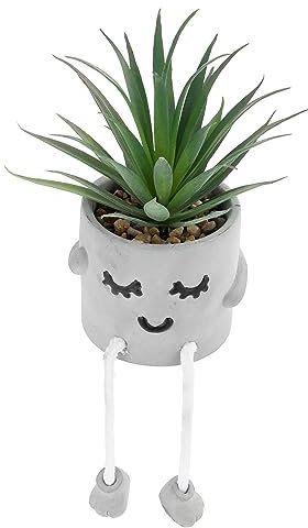 MAGICLULU Artificial Succulent Plant with Cute Expression Shy Face Faux Bonsai in Cement Pot Hanging Legs Fake Desktop Plant Decor for Home Office Shelf