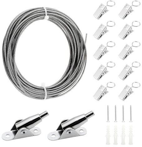 6M Edelstahl Drahtseil Kit Edelstahlseil Vorhangseil Einstellbar 2mm 7X7 | Gardinenseil Stahlseil Seilaufhängung mit Montage Klemme und Schrauben für hängend Bild Kleidung Licht