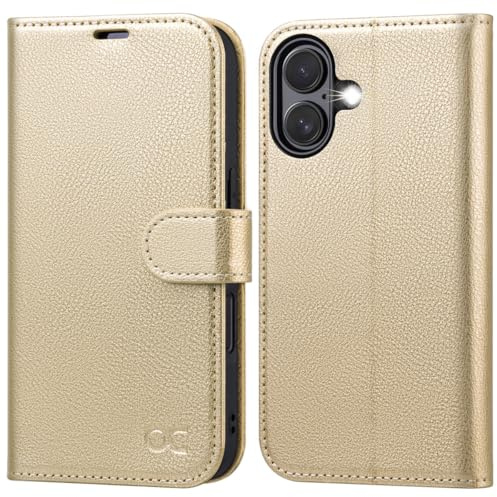 OCASE Hülle für iPhone 17 5G, Handyhülle Premium PU Leder Gold | Kartenfach Magnet Standfunktion RFID Blocker Stoßfest Lederhülle