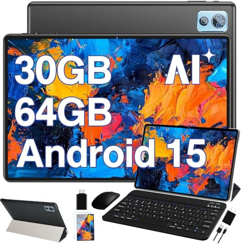 DEERTiME 2025 10 Inch Android Tablet with Keyboard, 30GB RAM 64GB ROM 2.0GHz Octa-Core, Dual Camera, 1TB Expand, Widevine L1, 5G WiFi, BT 5.0, 2 in 1 Tablet PC(Black)