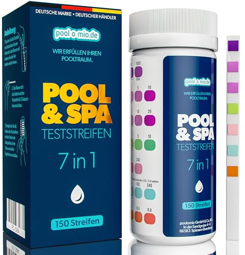 poolomio® Pool Teststreifen 7in1, 150 Stück | Pooltester für Schwimmbad, Whirlpool, Spa & Teich | Wassertester für pH-Wert, Wasserhärte, freies & gesamtes Chlor, Brom, Alkalität, Cyanursäure | Testkit