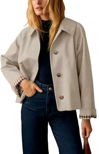 Dqbeng Womens Cropped Trench Coat Classic Collar Oversized Casual Jackets with Checkered Lining, Light Beige, Medium