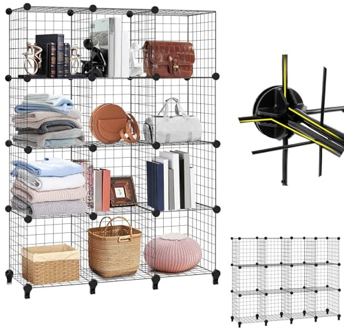 Lucn 12 Cube Interlocking Storage Rack with Metal Wire Mesh Shelves Combination Shelf Interlocking Storage Unit With Metal Wire Mesh Black Multifunctional
