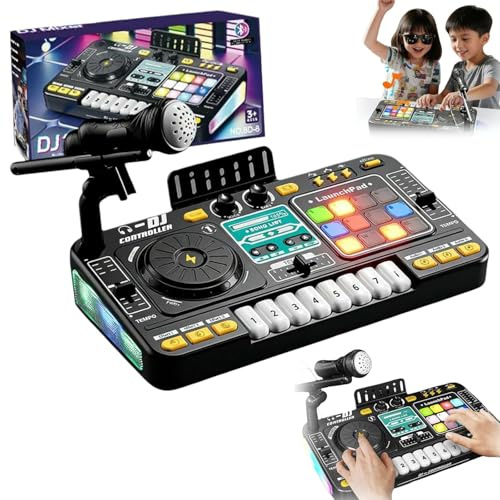 Dj Pult Kinder，Dj Set Kinder，Bluetooth mit verstellbarem Mikrofon, mit Farbverlauf-Lichteffekten,batteriegespeist,geeignet als DJ-Einsteiger-Spielzeuggeschenk für Kinder im Alter von 3 bis 12 Jahren