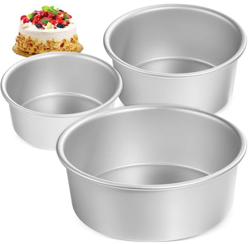 HOMSFOU Fácilmente Moldes Redondos Borde Enrollado de Aluminio y Antiadherente Juego de 3 para Hornear para Pasteles Tartas y Bizcochos