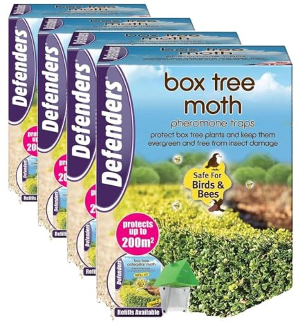 Defenders Box Tree Moth Pheromone Trap – Refillable and Re-usable Protect Box Tree Plants and Keep them Evergreen and Free from Insect Damage (Pack of 4)