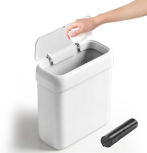 Small Bathroom Bin with Lid, Slim Bathroom Bin, Narrow Press-Top Lid | 9L Toilet Bin for Cloakroom, Bedroom, Study, Laundry Room or Caravan, Small Rubbish Bin with 50 Liners and Easy-Clean Lid.