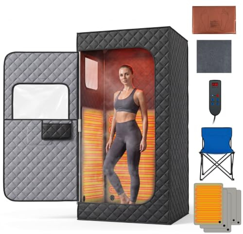COSTWAY Sauna Infrarouge Portable 6 Niveaux Température, 90 x 90 x 180 cm | Cabine de Sauna Intérieur Pliable avec Minuterie 5-45 Min 3 Panneaux Chauffants et Tapis, Tente de Sudation avec Chaise