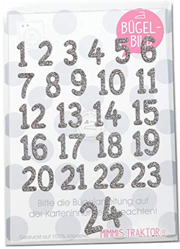 GLITZER Bügelbild Adventkalender Zahlen 1-24 Aufbügler Applikationen Bügelsticker für Stoffe Textilien Kinder zum Aufbügeln Flicken, Farbe:Glitzer silber