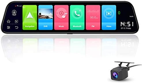 SZKJ D50 - Cámara de salpicadero de coche con pantalla completa de 12 pulgadas, 4G, táctil, IPS, espejo retrovisor Android 8.1 con WiFi, GPS, Navi, Bluetooth, música, doble lente FHD 1080P