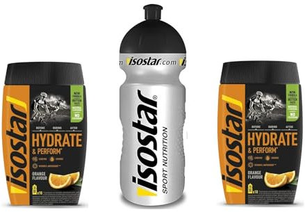 Isostar Hydrate & Perform Iso Drink – 400 g isotonisches Getränkepulver – Elektrolyt Pulver zur Unterstützung der sportlichen Leistungsfähigkeit – 2 x Orange + 0,5 Liter Flasche