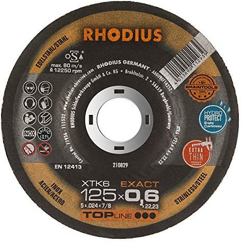 RHODIUS XTK6 | 25 Stück Ø 125 mm x 0,6 mm | Dünnste Trennscheibe der Welt | für Winkelschleifer, Edelstahl, INOX, Stahl, Eisen, Hartmetall