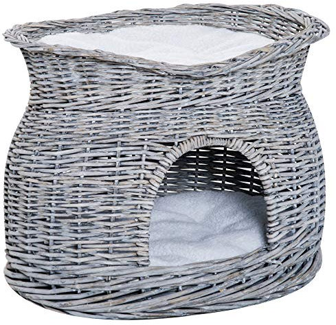 PawHut Rattan Weidenkorb für Katzen Katzenhütte mit 2 weichen Liegekissen Katzenkorb Haustierbett aus Wasserhyazinthe für Wohnzimmer Grau 56 x 37 x 40 cm