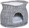 PawHut Rattan Weidenkorb für Katzen Katzenhütte mit 2 weichen Liegekissen Katzenkorb Haustierbett aus Wasserhyazinthe für Wohnzimmer Grau 56 x 37 x 40 cm