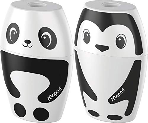 Maped - Bleistift-Anspitzer, Dosen-Anspitzer SHAKKY für dünne Stifte, mit Anspitzer-Dose - Panda oder Pinguin, farbig sortiert