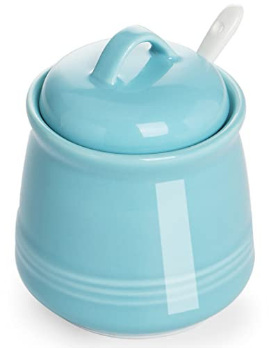 HAOTOP Porzellan Zuckerdose, Keramik Salzschale mit Löffel und Deckel für Haus und Küche, 12 Unzen (Blau)