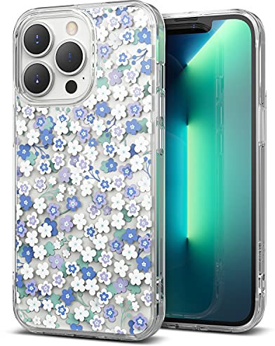 Ringke Fusion Design Compatible with iPhone 13 Pro Case, Transparent Hard Back with Holographic Floral Girls Women Design Panel Shockproof TPU Bumper Phone Cover - Wild Flowers