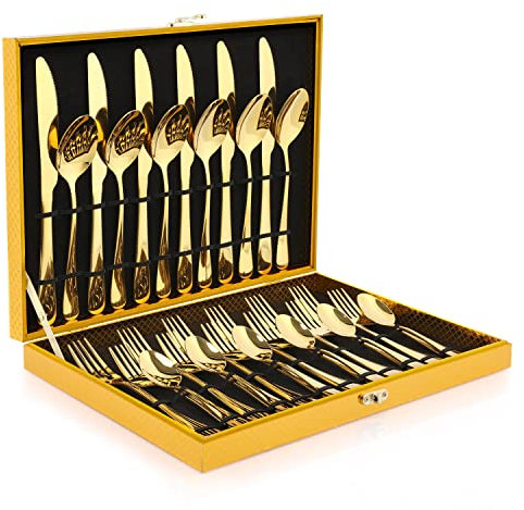 OGORI Besteck Set 6 Personen, 30 teilig Spiegelpolierte Gold Besteckset 18/10 Edelstahl Essbesteck Set mit Messer Gabel Löffel für Home/Party/Restaurant (Geschenkbox)