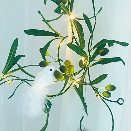 Olivenzweig Girlande,Grün Oliven Beeren Lichterketten,Warme LED Batteriebetriebene Beleuchtete Olivenblattranken für Weihnachten Thanksgiving Party Frühlings Dekoration (4 Stücke, Grüne Olive)