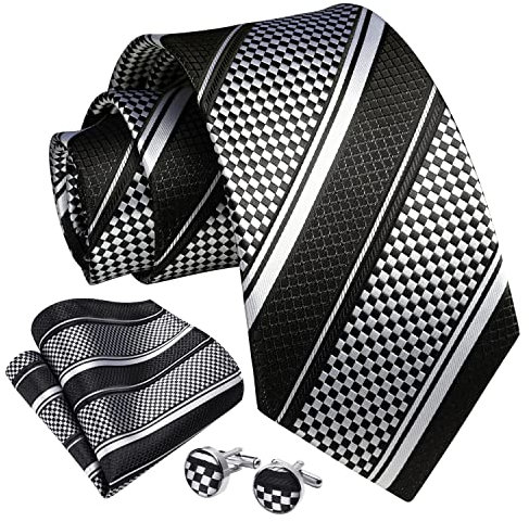 Enlision Herren Gestreifte Krawatte Taschentuch Hochzeit Formell Business Krawatten und Einstecktuch Manschettenknöpfe Set Schwarz/Weiß 1