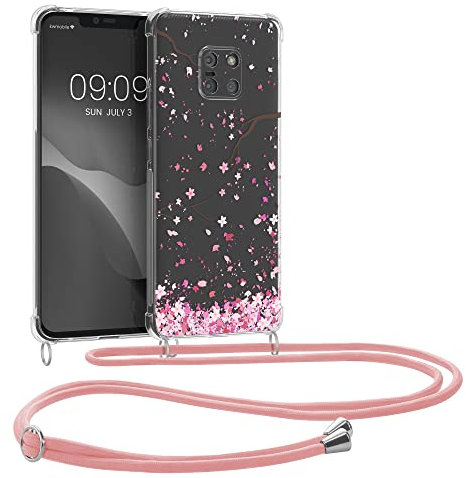 kwmobile Necklace Case kompatibel mit Huawei Mate 20 Pro Hülle - Silikon Cover mit Handykette - Rosa Dunkelbraun Transparent Kirschblütenblätter