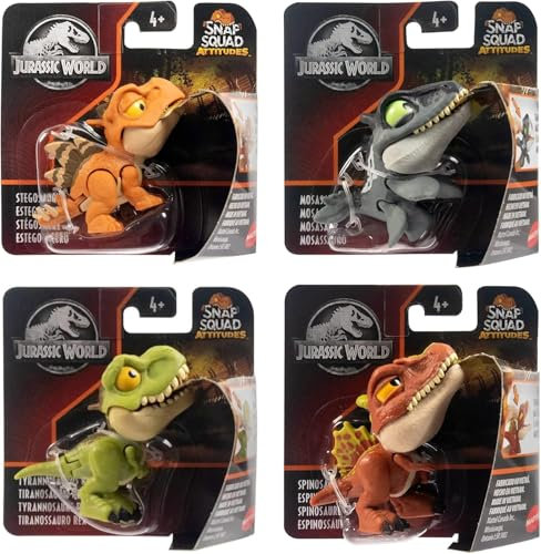 Jurassic World Snap Squad Attitudes Figuren-Set 4 Stück - Spinosaurus, Mosasaurus, Tyrannosaurus Rex, Stegosaurus