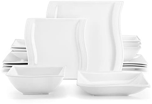 MALACASA Dinner Set for 4, 16 Piece Square Plates and Bowls Set, Porcelain Tableware Dinnerware Sets with 4 Piece Dinner Plates, Dessert Plates, Soup Plates and Bowls, Series Flora, Ivory White