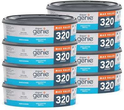 Diaper Genie Essentials - Confezione da 8 ricariche rotonde, contiene fino a 2560 pannolini per neonati, con pellicola continua non profumata, compatibile con secchi Diaper Genie Complete e