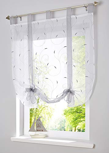 Funjxhey Vorhang Stickerei Blumen Transparent Gardine Voile Scheibengardine Raffgardinen Raffrollo Schlaufenschal Deko Wohnzimmer Schlafzimmer Studierzimmer (Grey,140 * 140CM)