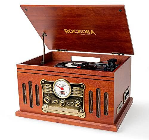ROCKOLLA - Giradischi in Vinile Bluetooth con Altoparlanti Integrati, Riproduzione di Dischi in Vinile LP, Radio FM, Cassette, CD, MP3 USB e Lettore di Schede SD, Registratore (Monarch)