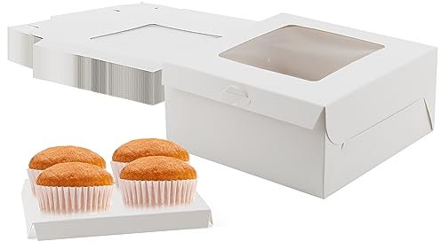 MUKCHAP 40 Pack 4 Hole White Cupcake Boxes with Windows, 6 Inch Cupcake Carrier Holder, Bakery Box Carrier for Birthday Wedding