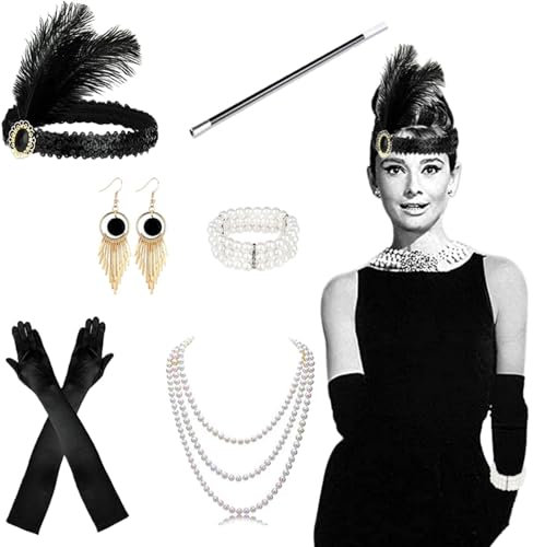 Yiichiy 6 Stück 20er Jahre Accessoires Damen, Great Gatsby Accessoires Flapper Set Party Karneval Halloween 1920s Kostüme,mit Stirnband Handschuhen Perlenkette Ohrringen Set