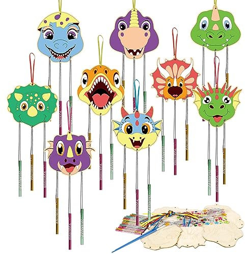 WEDNOK 9 Pcs Dinosaurier Windspiel Bastelset Kinder DIY Dino Basteln Holz Klangspiel Bastelhandwerk zum Bemalen Holzbastelsets Geschenk Deko für Jungen Mädchen Kindergeburtstag Party