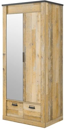 Kleiderschrank in Used Wood hell und schwarz/anthrazit Drehtürenschrank 2 Türen mit Spiegel Schlafzimmer Schrank im Industrial Design 93 x 209 cm Stove (Schrank 1)