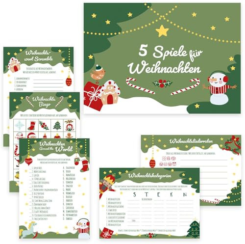 Weihnachtsspiele, 5 Spiele für Weihnachten (je 10 Stück), Weihnachtsquiz, Partyspiele Familie, 5 Weihnachtsrätsel zur Beschäftigung zu Weihnachten, Design Tannengrün 2023