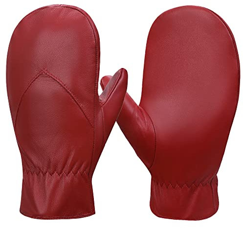 MGGMOKAY Damen Winterhandschuhe Lammfell Fäustlinge Mit Fleece gefüttert,Rot,S