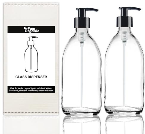 Fam Organic 500ml Clear Glass Bottle with Plastic Pump Refillable Soap Dispenser for Lotion, shampoo, conditioner, Body wash, Hand Wash. BPA Free - Eco Friendly (Clear 500ml - Black Pump - Pack of 2)