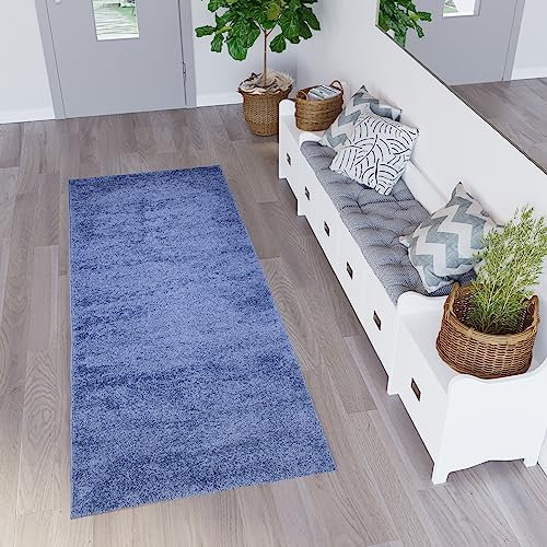 TAPISO Delhi Teppichläufer Hochflor Shaggy Blau Dunkelblau Einfarbig Modern Design Flauschig Langflor Wohnzimmer Schlafzimmer Flur ÖKO-TEX 100 x 140 cm