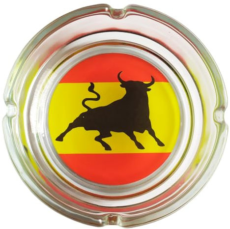Aschenbecher aus Glas mit dekorativem Hintergrund der spanischen Flagge und dem Stier.