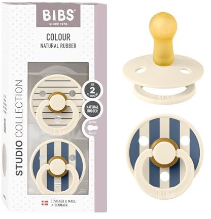 BIBS Colour Studio Schnuller 2er-Pack, BPA-frei, Kirschform Nippel. Naturkautschuk/Latex, Hergestellt in Dänemark, Größe 2 (6-18 Monate), Pin Ivory Steel Blue