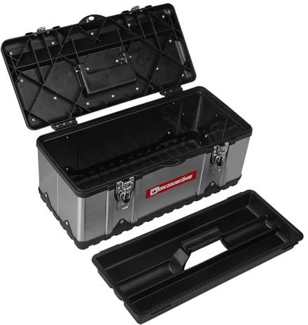 Werkzeugkönig® Werkzeugkoffer leer Edelstahl 47 x 24 x 21 cm Werkzeugkasten mit herausnehmbarer Ablage, Werkzeugkiste mit Organizer für Werkzeuge, robuster Koffer mit Metallschließen, inkl. Griff