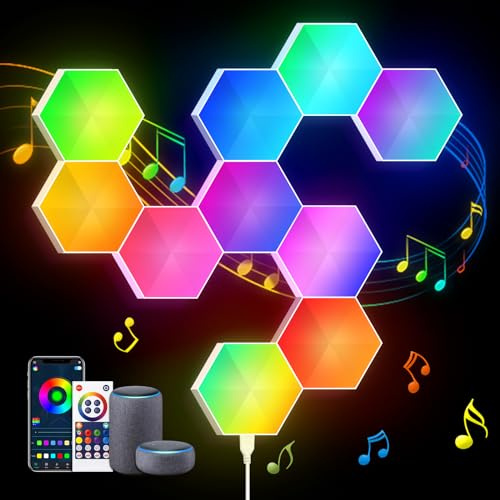SNADER 10pack RGBIC Hexagon LED Panel Gaming Led Wand Gaming Deko DIY Lampe,Smart funktioniert mit Musik Sync,Kompatibel mit Alexa und Google Assistant (colorful)