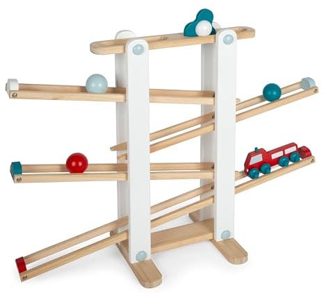 small foot Kugelbahn aus Holz, XL-Motorikspielzeug mit 3 Kugeln und Feuerwehrfahrzeug, für Kinder ab 18 Monaten, 12549