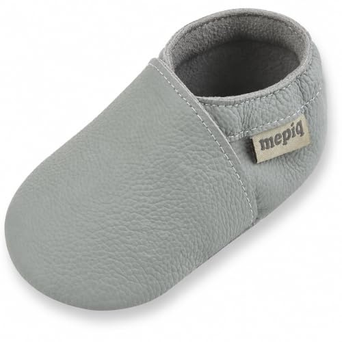 mepiq Krabbelschuhe Baby Lauflernschuhe aus Echtleder für Jungen Mädchen | Weiche Leder Hausschuhe Kleinkind mit griffiger Veloursledersohle und Gummizug leicht und barfußnah für Babys 0 - 24 Monaten