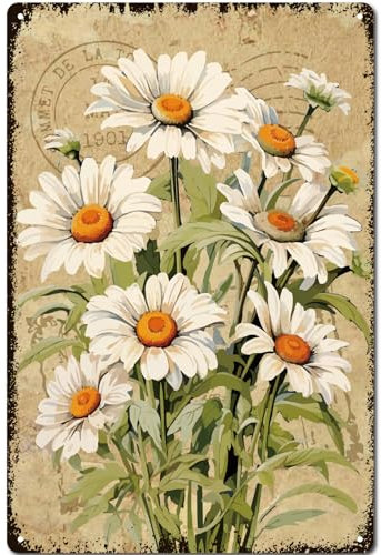 CREATCABIN Fiori Targa In Metallo In Metallo Targhe Da Giardino Poster In Metallo Vintage Stampa Artistica Fiori di Margherite In Fiore Targhe Galleria Targhe Da Parete Decorazione Sospesa per 30x20cm