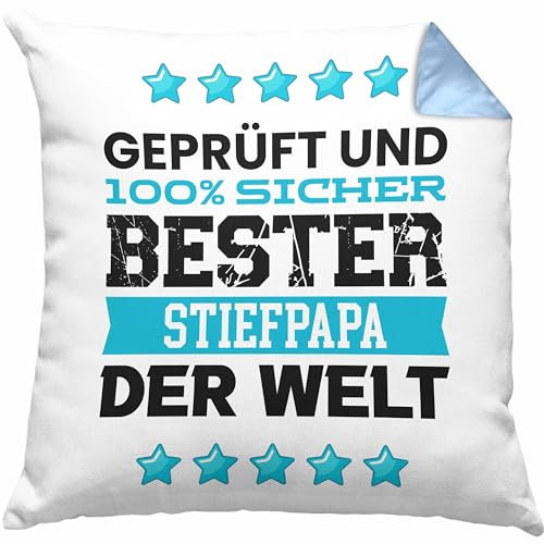 Bester Stiefpapa Der Welt Geschenk Kissen mit Füllung 40x40 für Stief Papa Geburtstag Stiefvater (Blau)