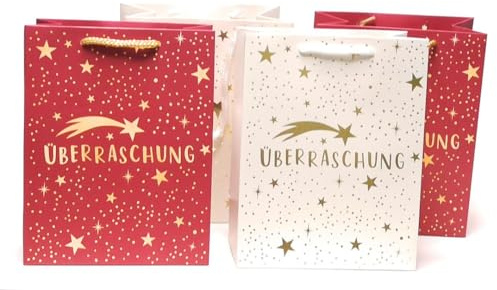 4 Stück Premium Geschenktaschen - Überraschung Sterne - á 23x18x10 cm Papier Geschenktüte Papiertüte Weihnachten 2-fach sortiert
