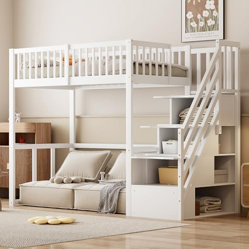 Soweiz Hochbett 90x200cm mit Sicherheits-Aufbewahrungsleiter, Bettgestell aus massivem Kiefernholz für Kinder und Jugendliche (Weiß)